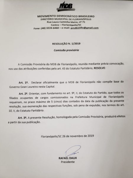 MDB de Florianópolis decide se afastar de Gean Loureiro