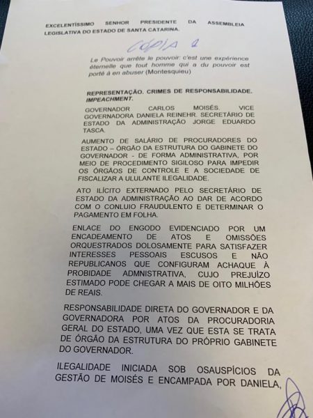 Confira o teor do pedido de impeachment contra o governador de Santa Catarina