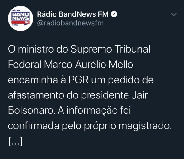 Rádio Band News anuncia que pedido de afastamento de Bolsonaro foi encaminhado à Procuradoria Geral da República