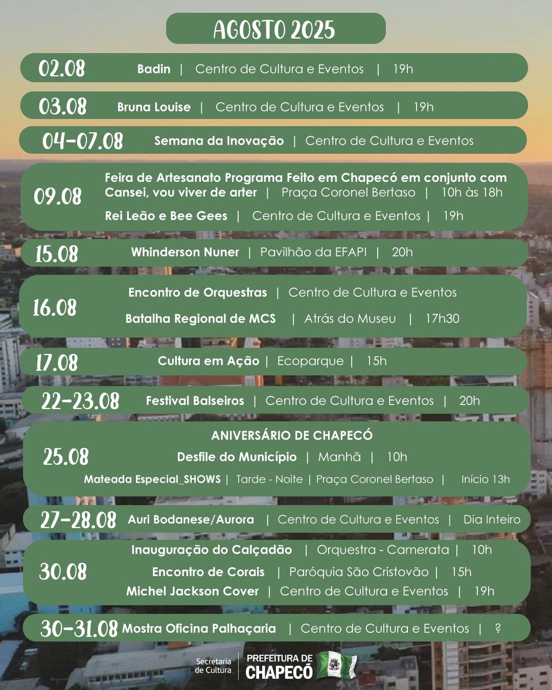 Chapecó celebra 108 anos com eventos esportivos, culturais e inaugurações