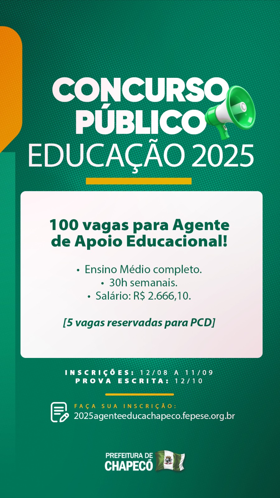 Prefeitura de Chapecó abre concurso público com 100 vagas para a Educação