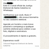 TRE-SC envia alertas por WhatsApp a eleitores sem biometria cadastrada