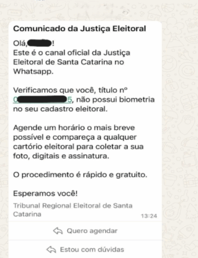 TRE-SC envia alertas por WhatsApp a eleitores sem biometria cadastrada