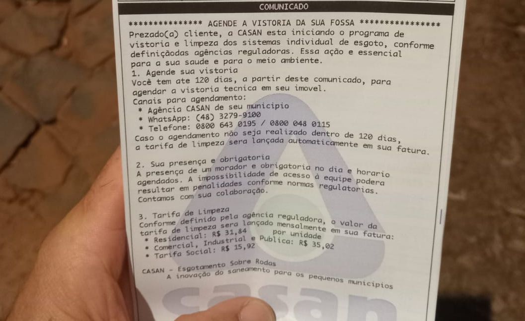 Moradores do Oeste e Planalto Norte começam a receber cobrança por limpeza programada de fossas
